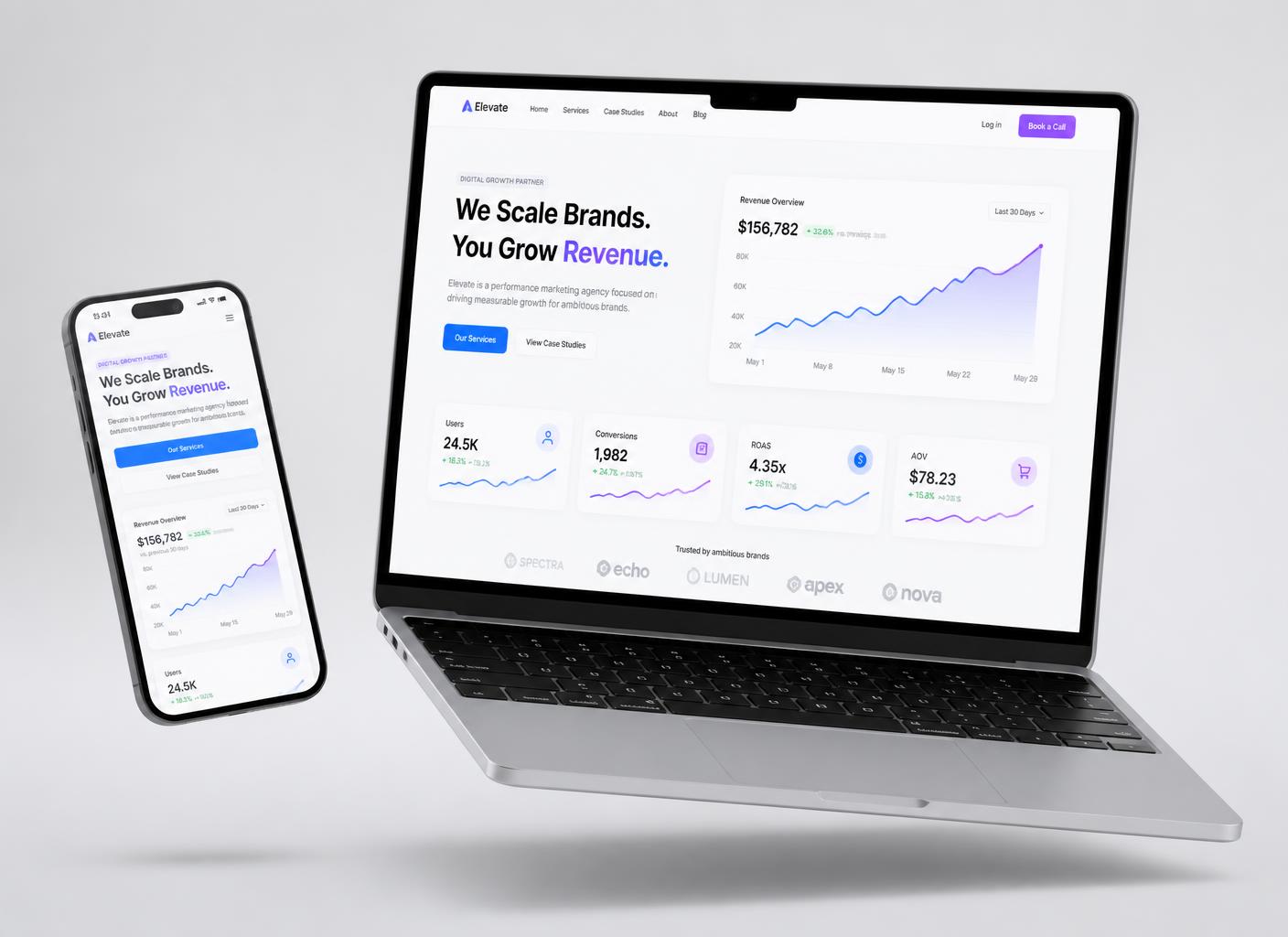 Site e painel de resultados da Nexy Agency em laptop e celular